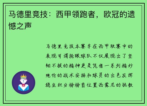 马德里竞技：西甲领跑者，欧冠的遗憾之声