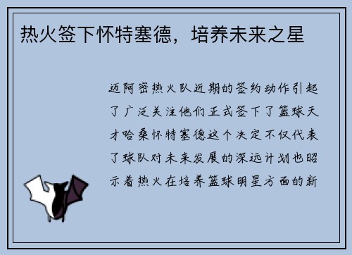 热火签下怀特塞德，培养未来之星